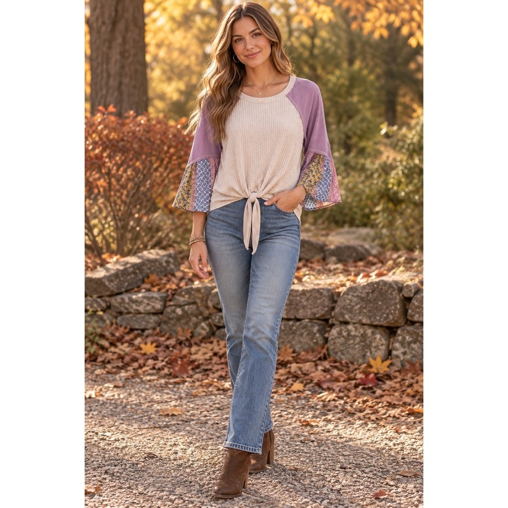 Blu Pepper Waffle Knit Patchwork Ruffle Sleeve Tie Front Top Cream Lavender M